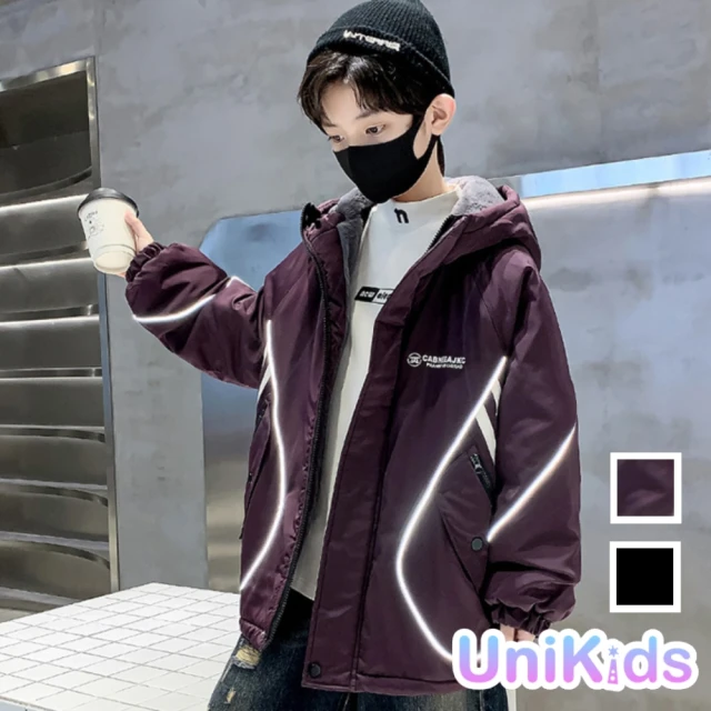 UniKids 中大童裝加絨長袖外套 反光條字母夾克 男大童裝 VP23903(黑 紫)