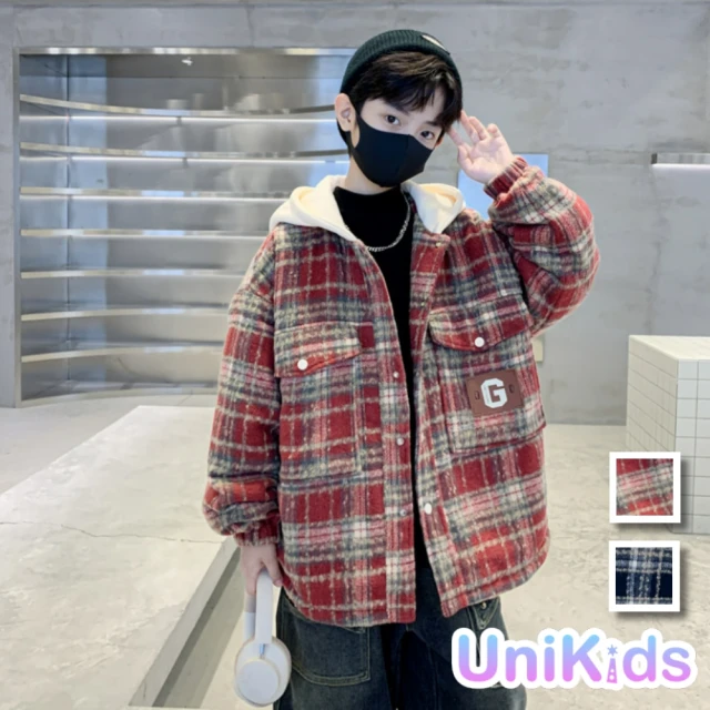 UniKids 中大童裝長袖連帽外套 格紋夾棉襯杉夾克 男大童裝女大童裝 VP86F58(紅 藏青)