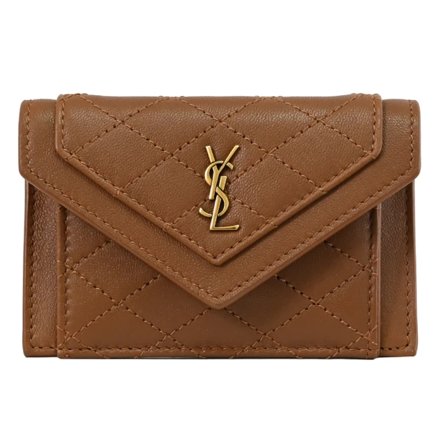 YSL 經典金屬LOGO小牛皮信用卡證件名片扣式零錢包(咖)