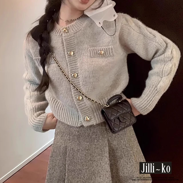 JILLI-KO 小香風愛心扣短款圓領毛衣外套-F(灰)