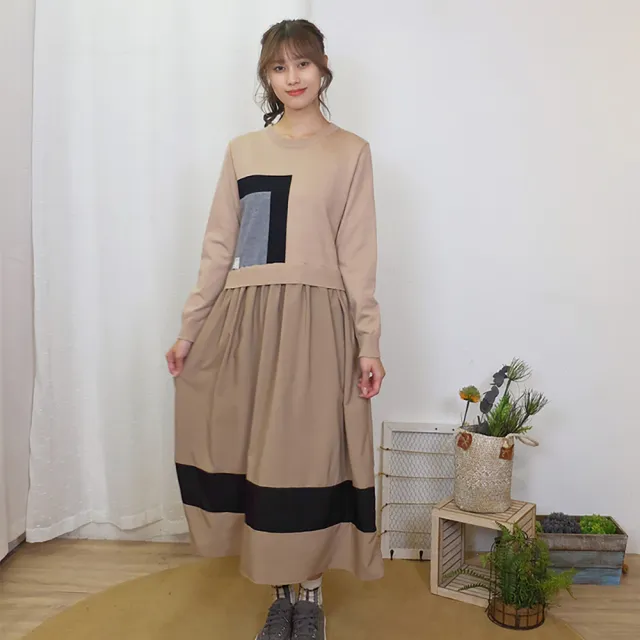 【Hana Mokuba】花木馬日系女裝不對稱撞色針梭織拼接洋裝(洋裝)