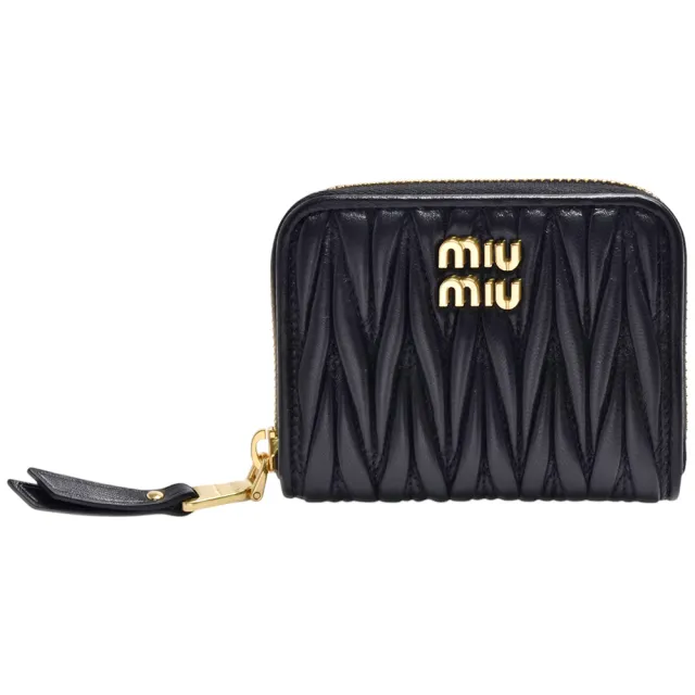 【MIU MIU】經典品牌LOGO皺褶小羊皮拉鍊零錢包(黑色5MM268-MATELASSE-NERO)