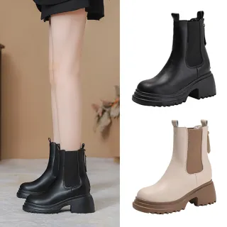 【T2R】正韓空運-真皮內增高厚底切爾西中筒靴-增高約10公分-黑/米(5985-3050/5985-3064)