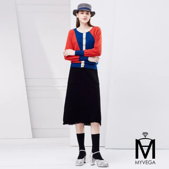 【MYVEGA 麥雪爾】出清品 MA純羊毛撞色排釦針織外套-桔紅