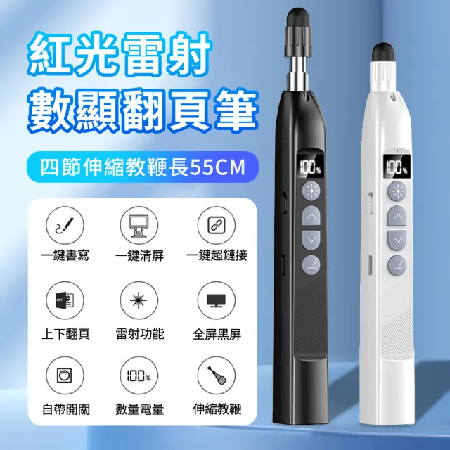 【Zenithy】可伸縮55cm4節 多功能數顯紅光雷射無線簡報筆 商務用會議型簡報遙控器 PPT翻頁筆教師教鞭雷射筆
