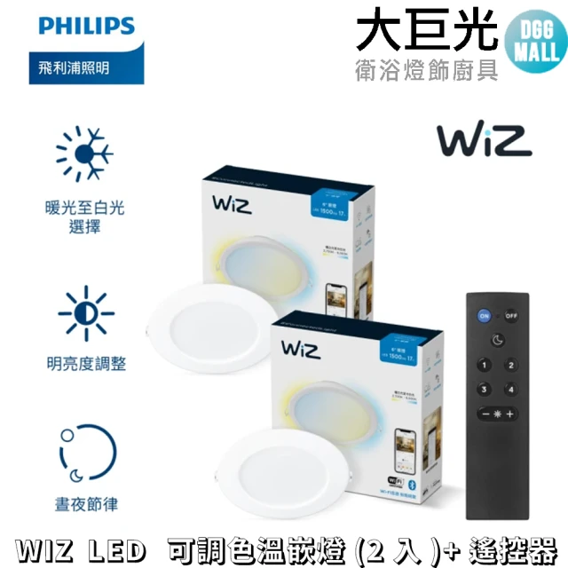 Philips 飛利浦 Wi-Fi WiZ 智慧照明 可調色溫嵌燈 2入+遙控器(PW003+PW006)