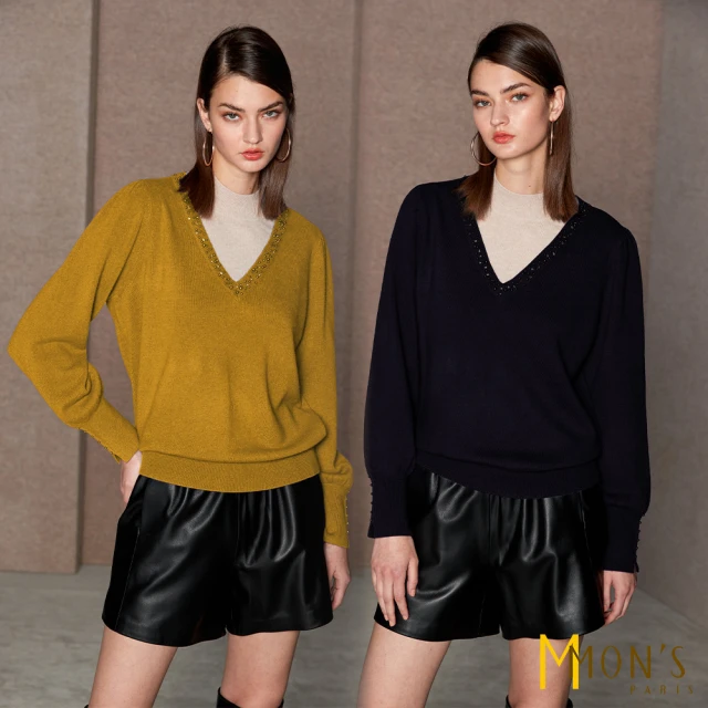 MON’S V領縫珠全羊毛針織上衣(直)