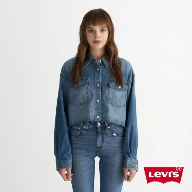 【LEVIS】女款 襯衫 短版襯衫 牛仔襯衫 丹寧襯杉 長袖襯衫 深藍刷白 上衣 熱賣單品 001BQ-0000