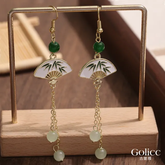 【Gulicc 古莉可】耳環 玉石流蘇扇 中式墜式(99購物節 生日 飾品 耳釘 耳飾 耳墜 禮物)