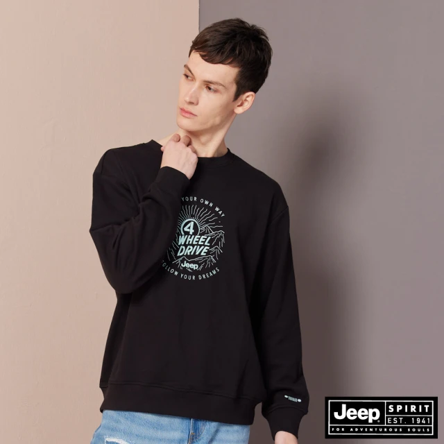 JEEP 男裝 Outdoor山系刺繡大學T(黑色)