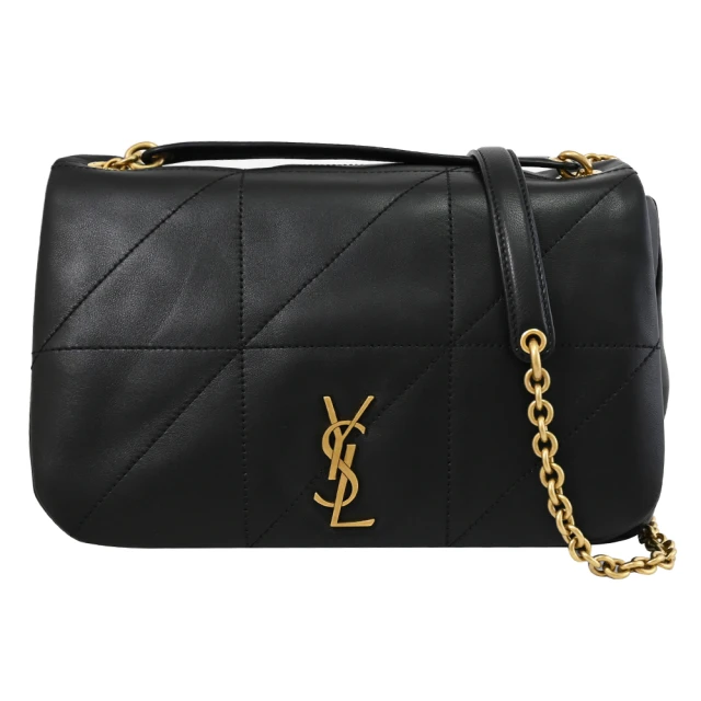 YSL 金屬字母LOGO格紋小羊皮三用翻蓋斜背包鍊包(黑)