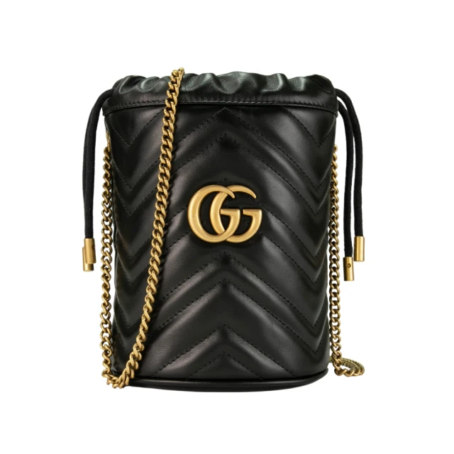 GUCCI 古馳 Marmont 山型行縫牛皮復古金屬迷你斜背水桶包-福利品(黑色)