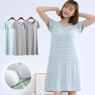 【PINK LADY】任-2色 罩杯式 超柔軟莫代爾棉條紋短袖女睡裙 居家服(胸襯墊/免穿內衣/BRATOP/連身睡衣/涼感)