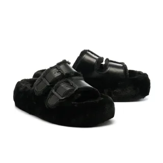 【MISS 21】率性髦茸茸方釦雙寬帶厚底拖鞋(黑)
