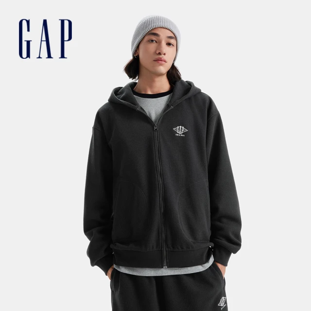 GAP 男裝 Logo刺繡刷毛連帽外套-黑色(678480)