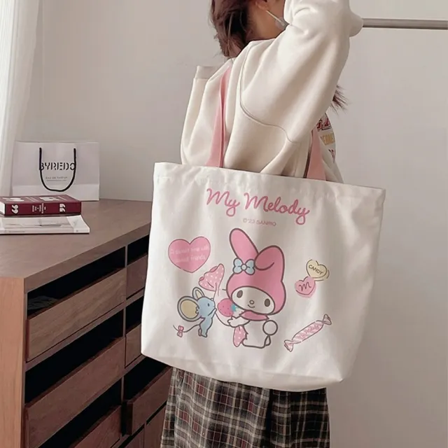 【SANRIO 三麗鷗】雙11 酷洛米美樂蒂大容量單肩帆布包補習袋 可裝A4(大耳狗/凱蒂貓/Hello Kitty