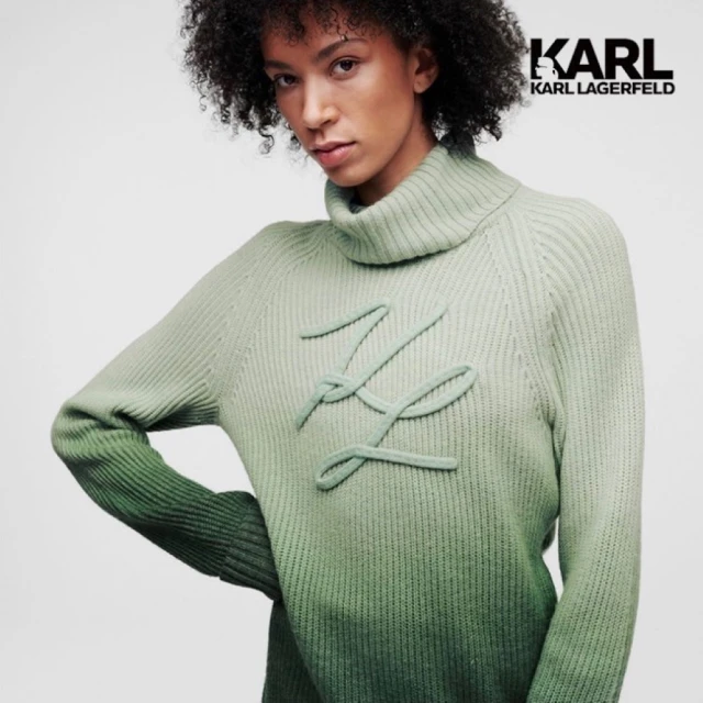 KARL LAGERFELD 卡爾KARL LAGERFELD 卡爾 KL草寫漸層感高領針織毛衣 碧綠(原廠公司貨)