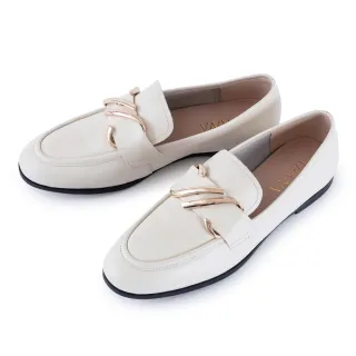 【DIANA】時尚造型釦飾真皮低跟樂福鞋(米色)