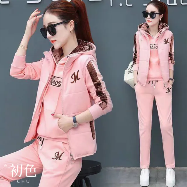 【初色】印花字母連帽長袖運動服女上衣+半高領無袖女背心+純色休閒褲長褲套裝-共5色-39449(M-4XL可選)