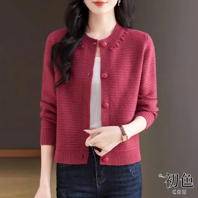 【初色】保暖薄款純色圓領單排釦長袖針織衫外套女外套-共5色-39718(F可選)
