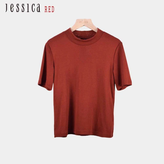 Jessica Red 百搭簡約素色混羊毛圓領針織短袖上衣（紅咖）R44600