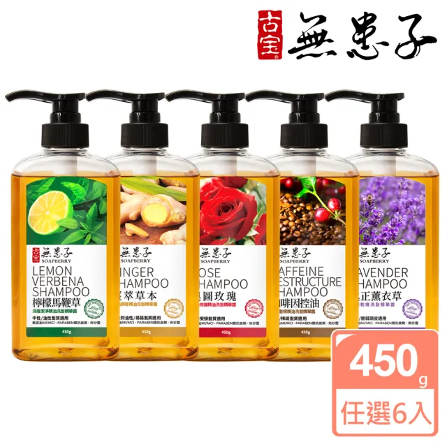 【古寶無患子】6入任選 成分升級-無矽靈洗髮精露450g(馬鞭草/薑萃/玫瑰/咖啡因/薰衣草)