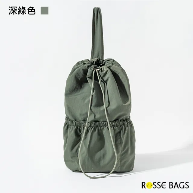 【Rosse Bags】日系簡約休閒外出繩抽式斜背包 肩背包(黑色／卡其色／淺綠色／深綠