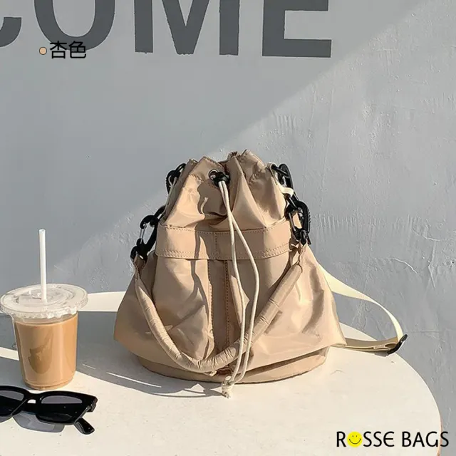 【Rosse Bags】日系輕便抽繩皺褶大容量手提包 肩背包 斜背包(米白色 / 杏色 / 棕色