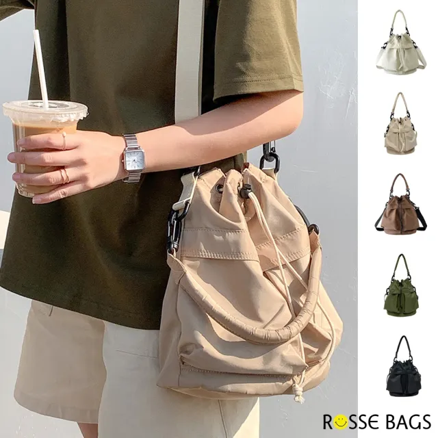 【Rosse Bags】日系輕便抽繩皺褶大容量手提包 肩背包 斜背包(米白色 / 杏色 / 棕色