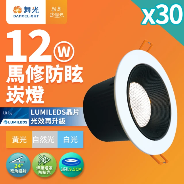 DanceLight 舞光 30入組 12W馬修蜂巢防眩崁燈 崁孔9.5cm嵌燈 LED 坎燈 24度窄角投射(白光/黃光/自然光)