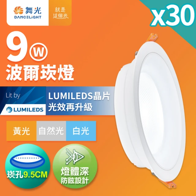 DanceLight 舞光 30入組 9W波爾防眩嵌燈 崁孔9.5cm嵌燈 LED 坎燈 廣角投射(白光/黃光/自然光)