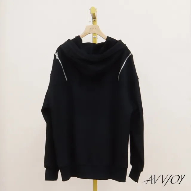 【AVVJOY 艾薇卓爾】拉鍊飾黑色連帽衛衣(上衣 長袖 帽T 大學帽t 長袖上衣 連帽衛衣 寬鬆上衣 G52327-2067)