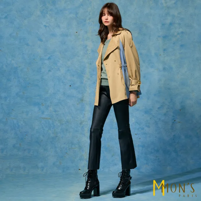 【MON’S】蕾絲花拼接牛仔風衣外套