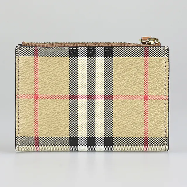 【BURBERRY 巴寶莉】BURBERRY燙金LOGO格紋PVC 6卡釦式拉鍊短夾(小/典藏米)