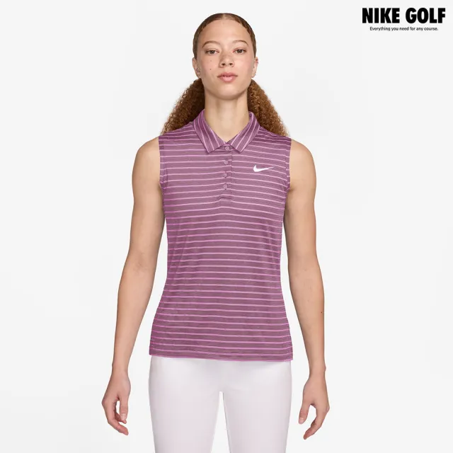 【NIKE GOLF】女款 Nike Victory DriFIT無袖條紋高爾夫球衫(梅子灰色/粉色)