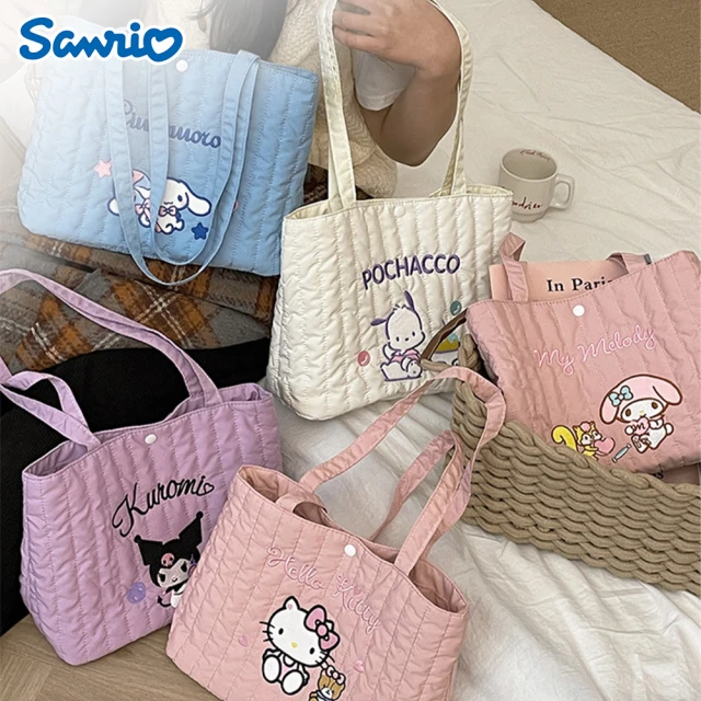 SANRIO 三麗鷗 酷洛米美樂蒂大耳狗大容量刺繡單肩包托特包 可裝A4(帕恰狗/凱蒂貓/Hello Kitty)