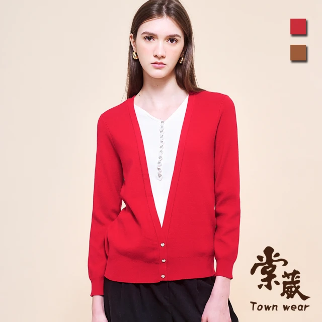 TOWN’WEAR 棠葳 假兩件排釦針織上衣 2色(中大尺碼/女上衣/女上著/拼接/長袖/鑽飾/百搭/開襟)