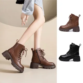 【J&H collection】質感水洗牛皮厚底馬丁靴 中筒靴(棕色／黑色)