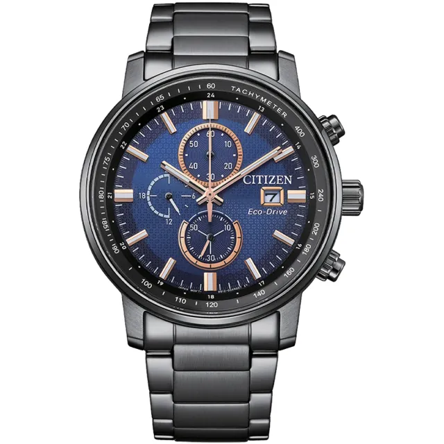 【CITIZEN 星辰】Chronograph 亞洲限定 光動能碼錶計時腕錶-黑藍 (CA0845-83L) 雙11 送禮