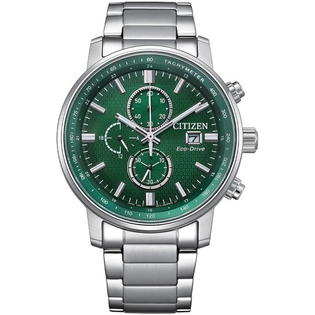 【CITIZEN 星辰】Chronograph 亞洲限定 光動能碼錶計時腕錶-銀綠(CA0840-87X)
