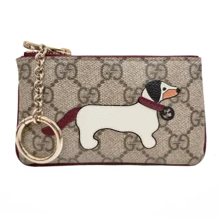 【GUCCI 古馳】818768 新款帆布系列臘腸狗細節皮革貼飾內置扣環拉鍊零錢包(棕色)