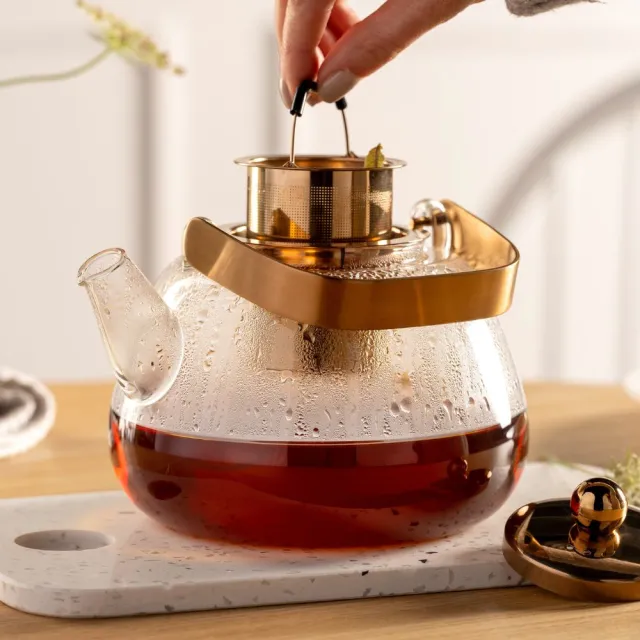 【LEONARDO 里歐】TE PER TE 金屬柄茶水壺1.2L(溫熱壺/泡茶具/品茶/玻璃壺)