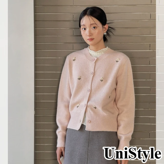 UniStyle 長袖毛衣外套 韓版設計感立體花朵針織開襟 女 EAW517B(淺粉)