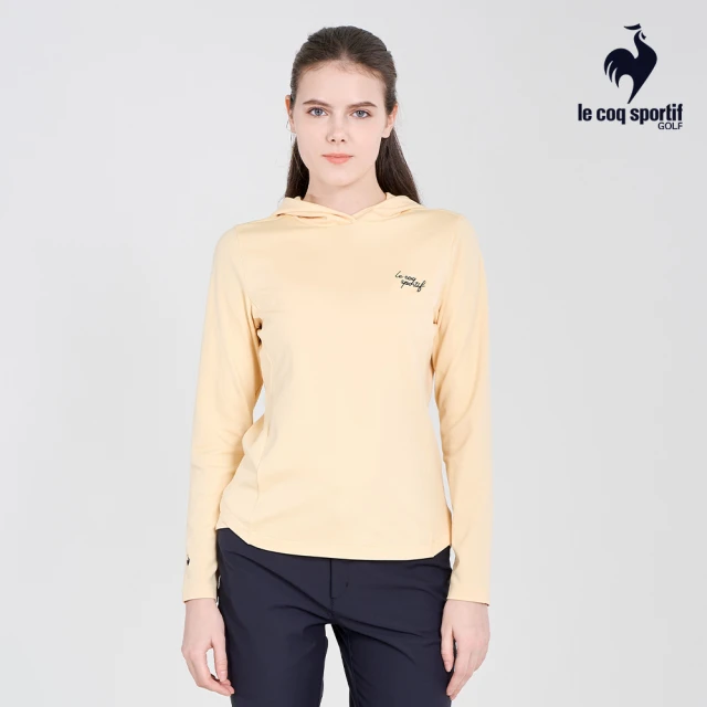 LE COQ SPORTIF 公雞 高爾夫系列 女款鵝黃色文字刺繡長袖連帽衫QLU2R103