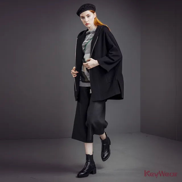 【KeyWear 奇威名品】羊毛亮銀金屬拉鍊連帽外套