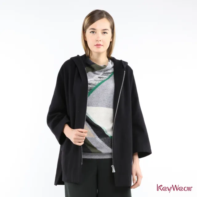 【KeyWear 奇威名品】羊毛亮銀金屬拉鍊連帽外套