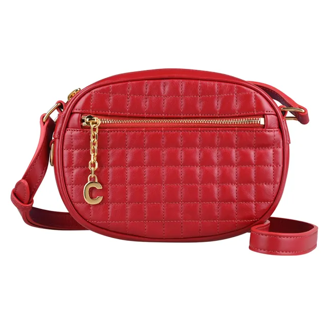 【CELINE】CELINE C Charms金屬吊飾格紋絎縫小牛皮斜背相機包(紅)