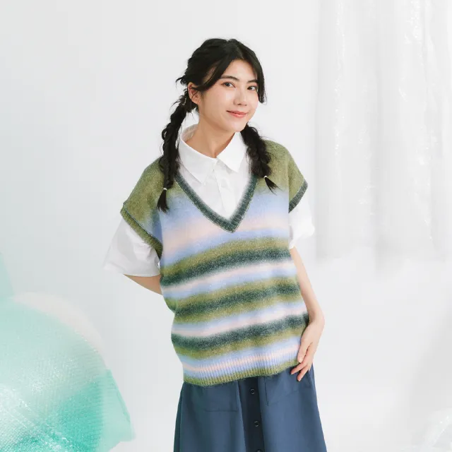 【Dailo】彩虹漸層大V領無袖毛衣背心(駝 灰 黃)