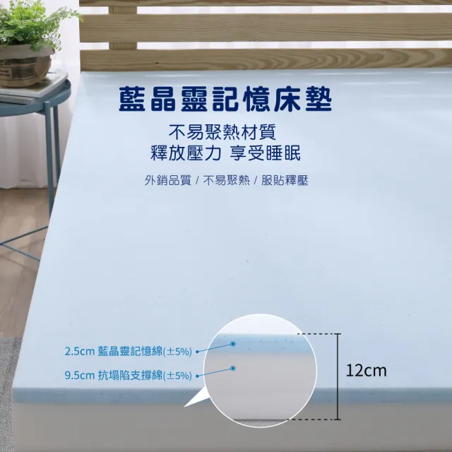 【House Door 好適家居】全新升級款-日本大和抗菌表布12cm藍晶靈記憶床墊(雙大6尺-壓縮包裝款)