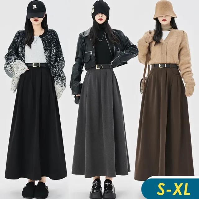 【CHACO】/預購/女冬日 毛呢半身裙美拉德風高腰厚感半身裙+皮帶#1788(半身裙 長裙 毛呢 美拉德 冬日)